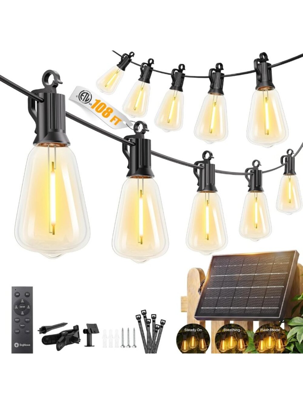 108FT Waterproof Solar String Lights for Outdoor Decor, 26 Hours Runtime